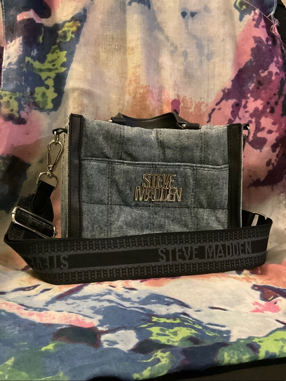 Steve Madden Denim Messenger Bag with Black Strap